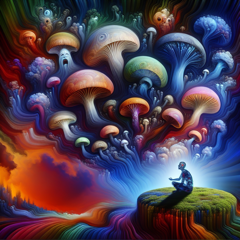 A figure meditates on a grassy hill, surrounded by vibrant, swirling mushrooms and a colorful, dreamlike sky.