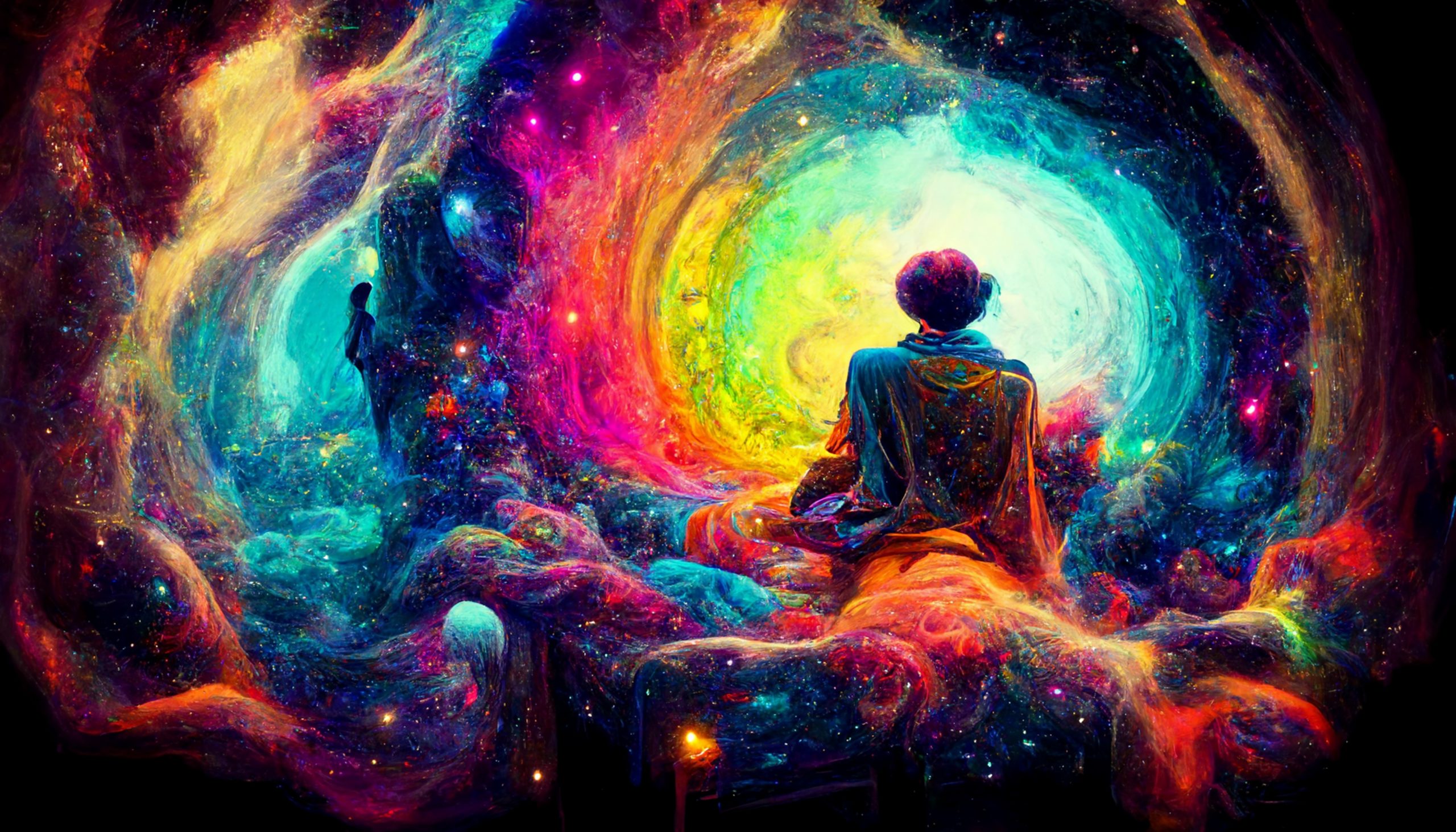 A figure sits on a bed surrounded by a vibrant cosmic swirl of colors, evoking a sense of wonder and exploration.