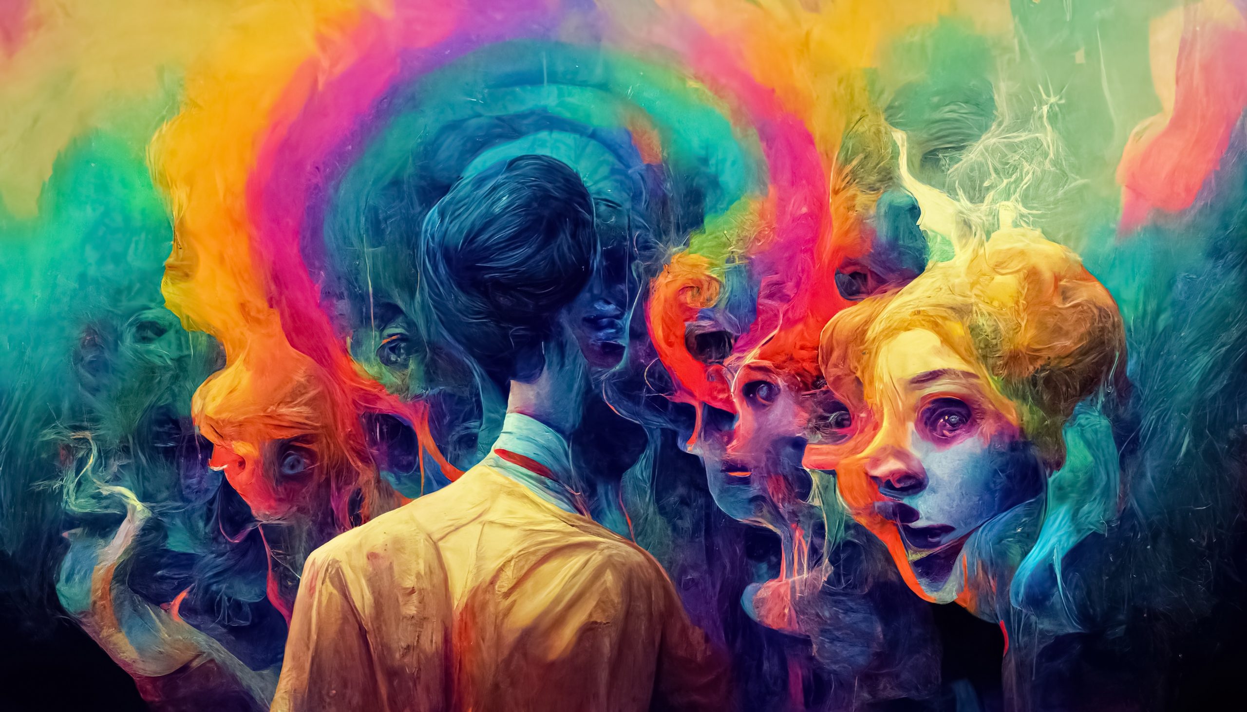 A figure stands before swirling, colorful faces, surrounded by vibrant hues of blue, orange, and pink, evoking emotion and...