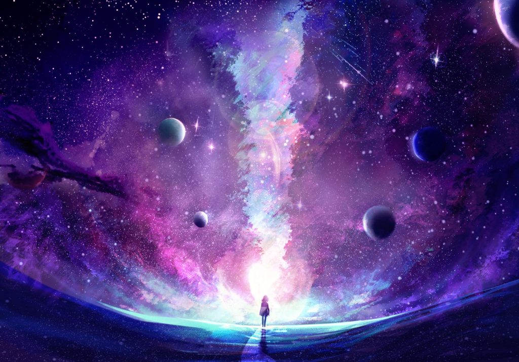 A figure stands on a path, gazing at a vibrant cosmic scene filled with swirling galaxies and distant planets.
