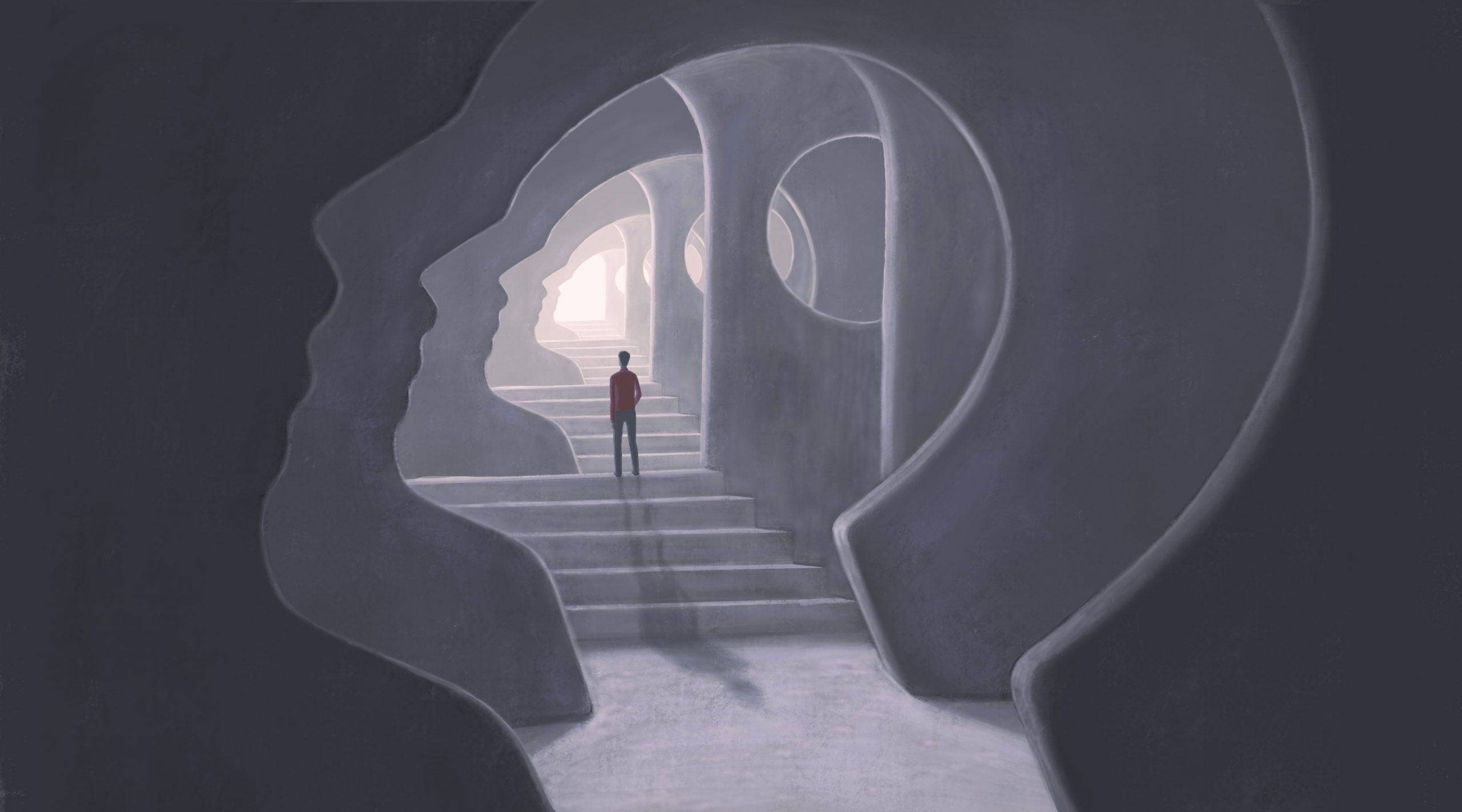 A figure stands in a surreal, shadowy space shaped like faces, with stairs leading into bright light.