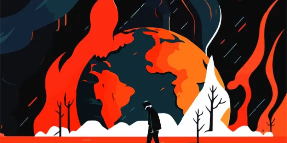 A figure walks through a desolate landscape, with a fiery, chaotic Earth looming in the background.