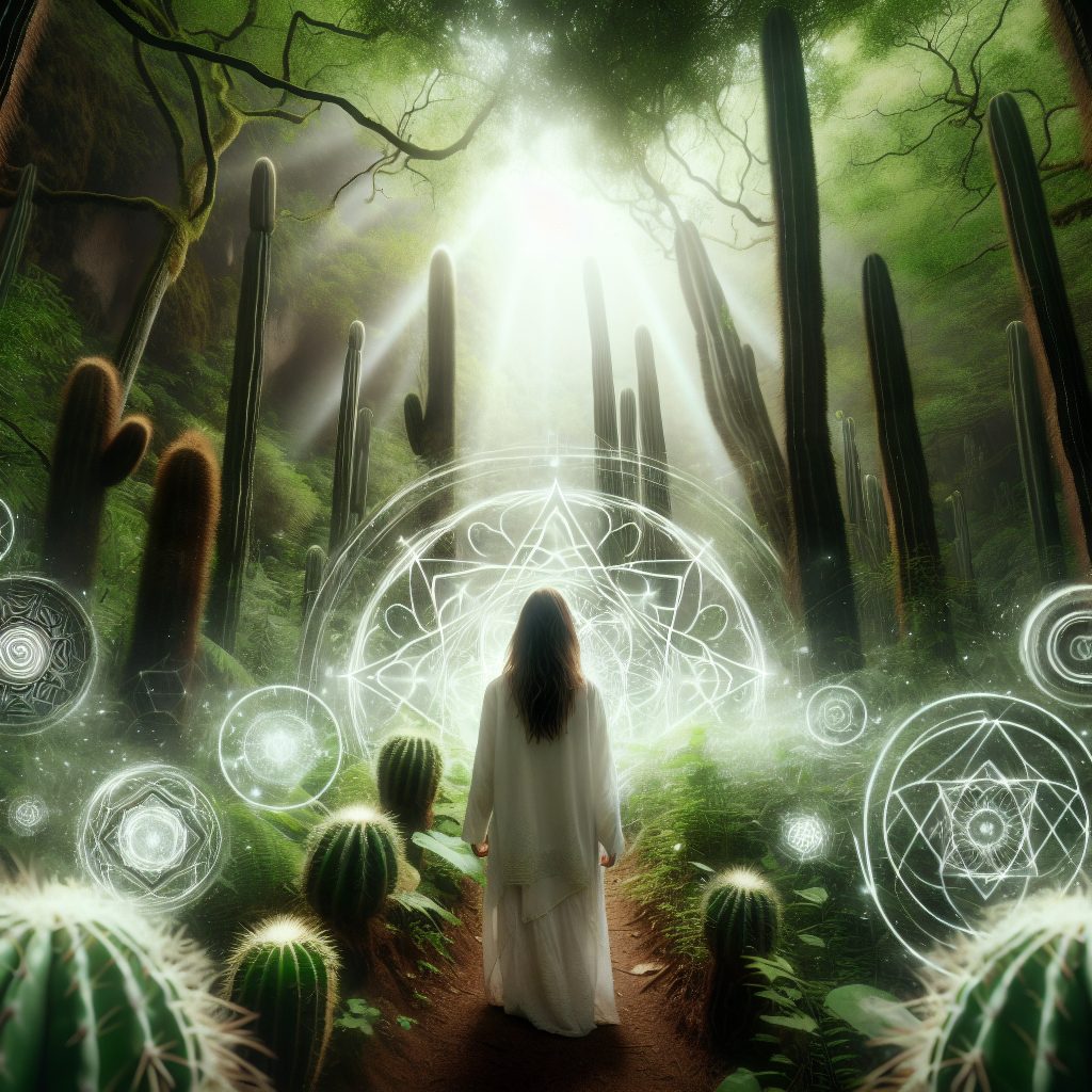A figure in a white robe stands in a mystical forest, surrounded by glowing symbols and towering cacti under radiant light.