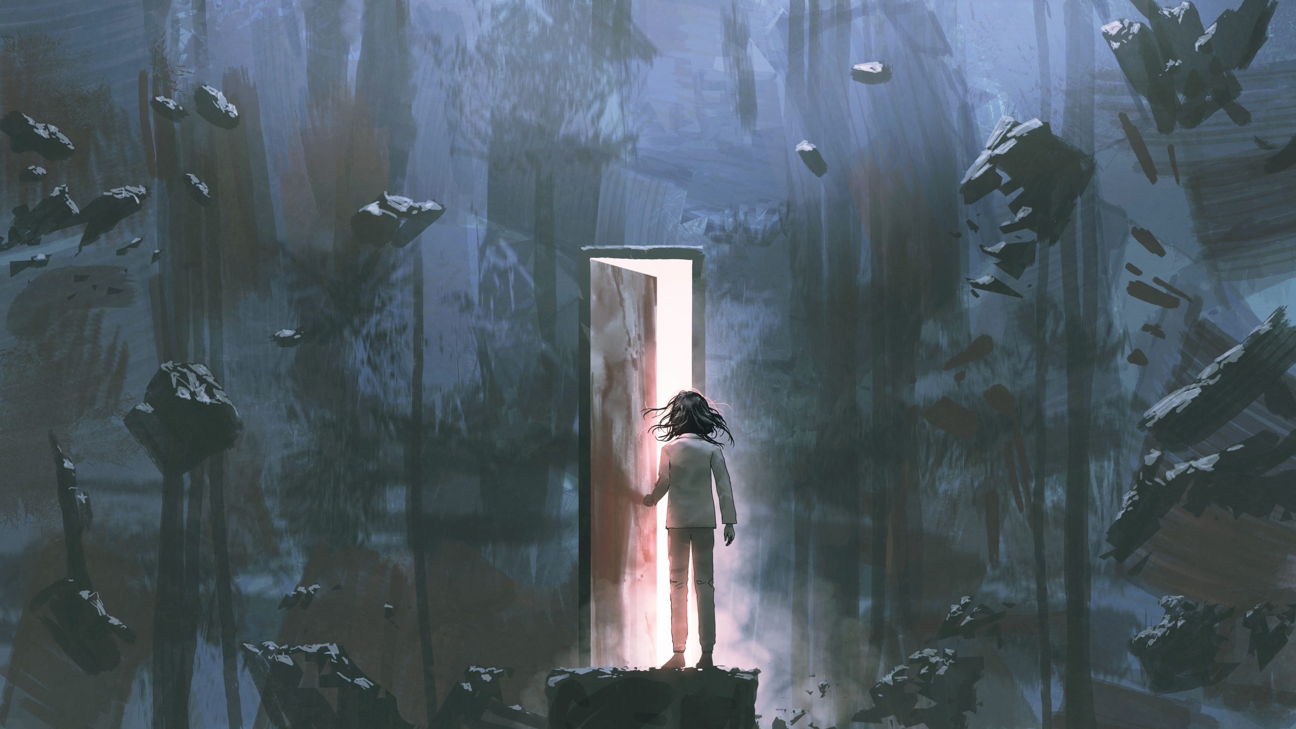 A figure in white stands before an open door, surrounded by floating rocks in a dark, ethereal landscape.