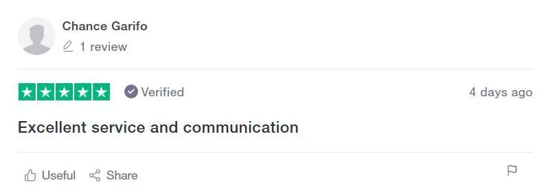 Five-star review highlighting excellent service and communication, marked as verified.