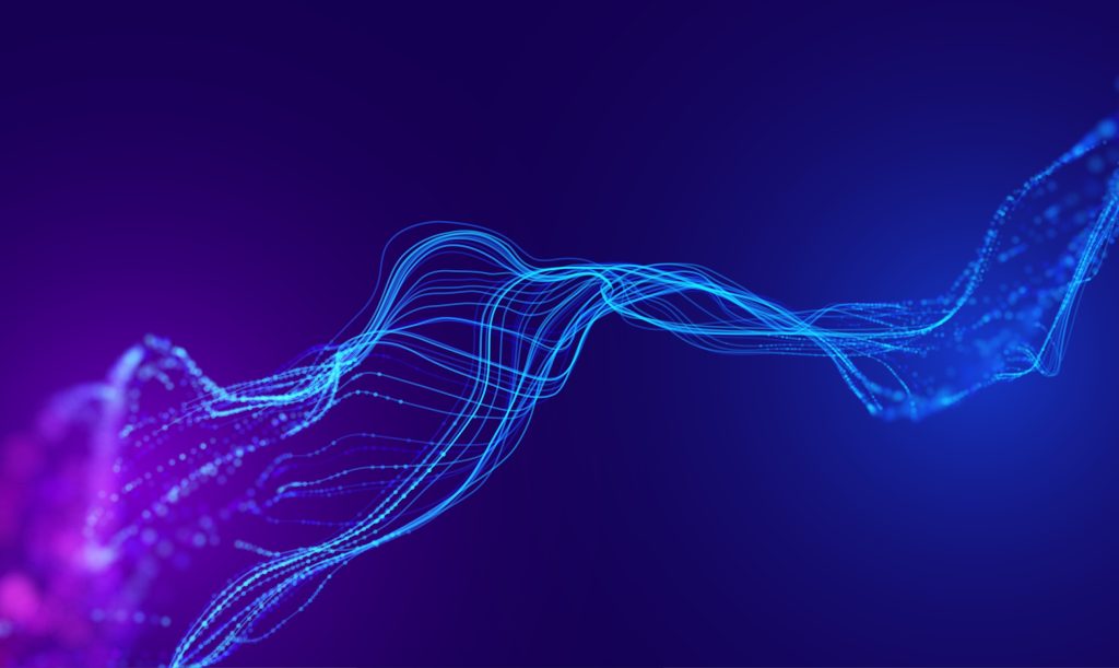 Flowing blue and purple lines create a dynamic, abstract wave against a deep gradient background.