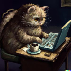 Fluffy cat typing on a laptop at a table, with a small cup of coffee beside it. Dark background enhances the scene.