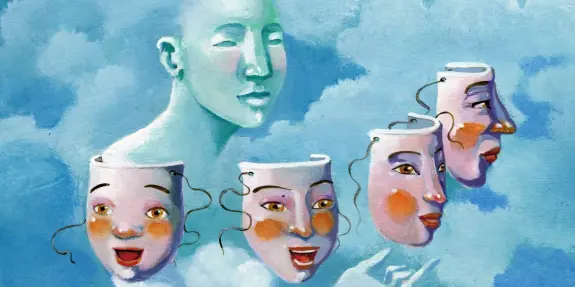 Four expressive masks with smiling faces, set against a blue sky with a serene, abstract figure in the background.