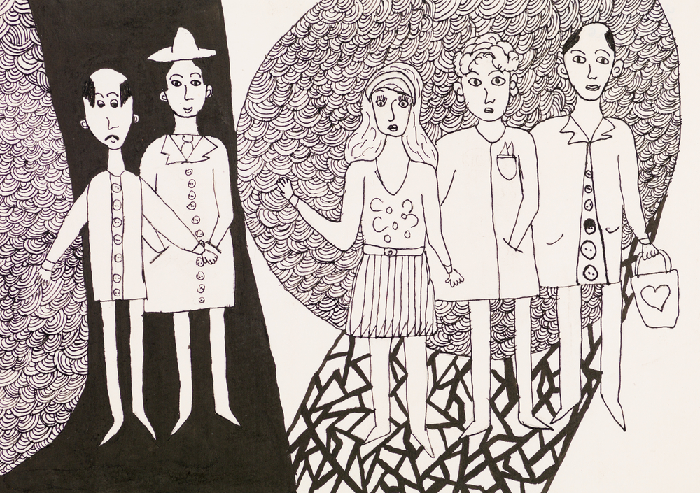 Four stylized figures stand against a swirling black-and-white background, each with unique clothing and expressions.