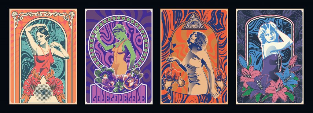 Four vibrant art nouveau-style portraits of women, each with unique hairstyles and colorful floral backgrounds.