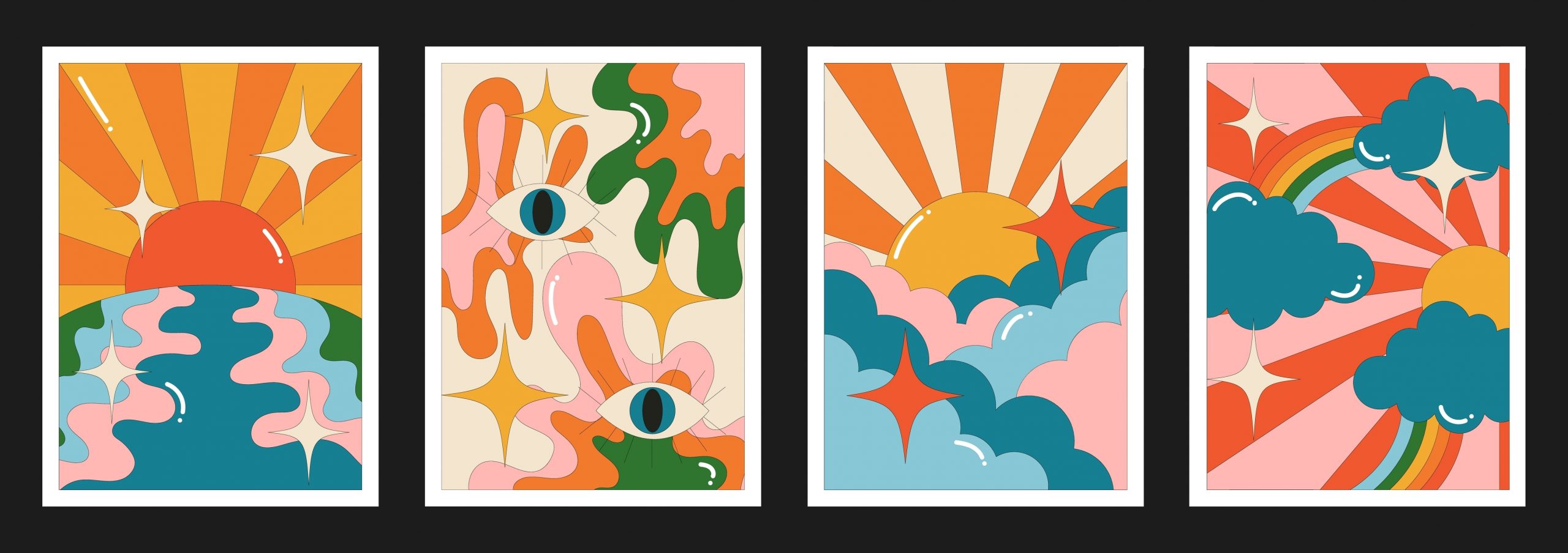 Four vibrant retro-style illustrations featuring suns, colorful waves, abstract shapes, and playful clouds with a rainbow.