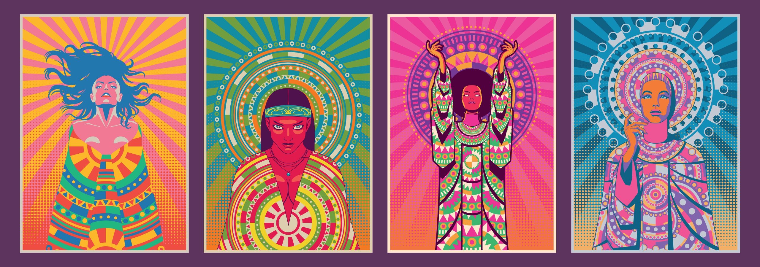Four vibrant, stylized portraits of women, each adorned in colorful patterns and surrounded by dynamic radiating backgrounds.
