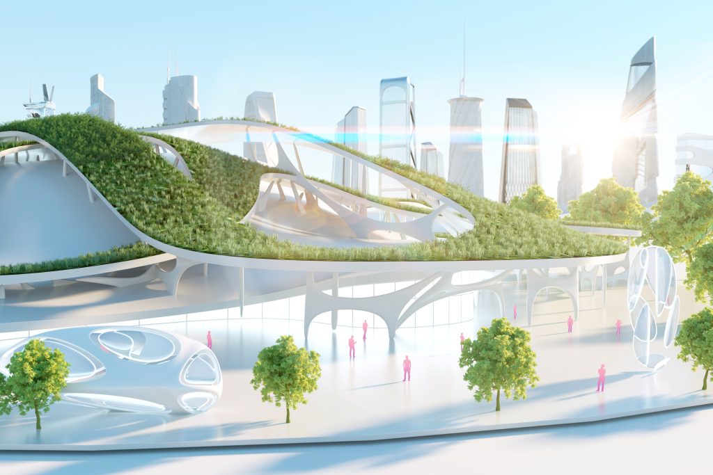 Futuristic cityscape featuring a green-roofed building, sleek architecture, and vibrant trees under a bright sky.
