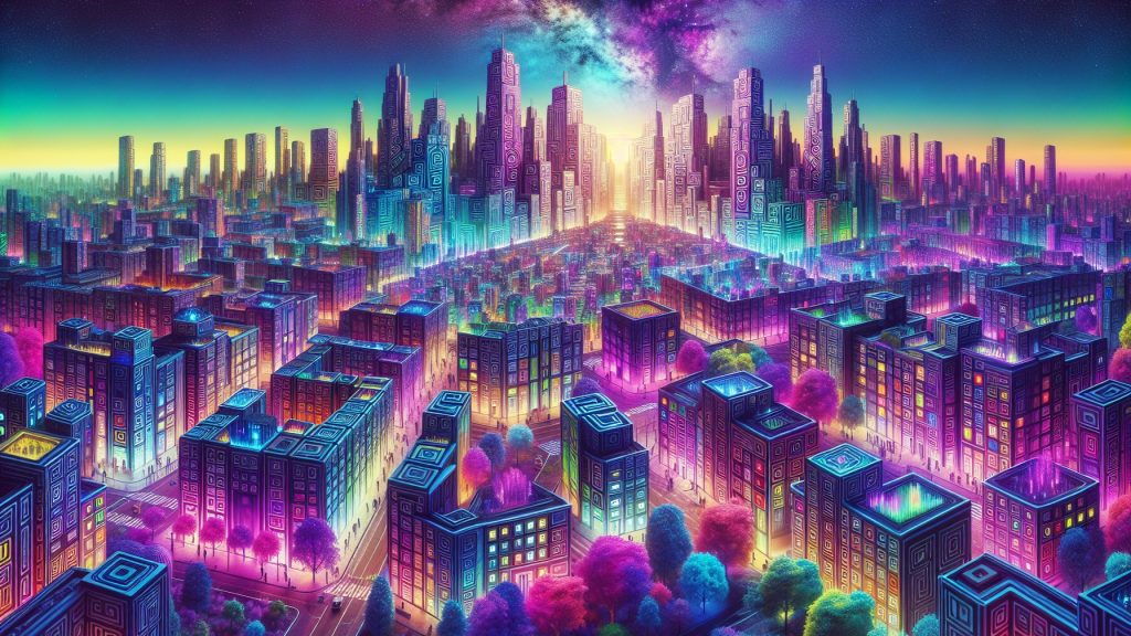 Futuristic cityscape with vibrant neon buildings and lush trees, set against a cosmic sky with a glowing horizon.