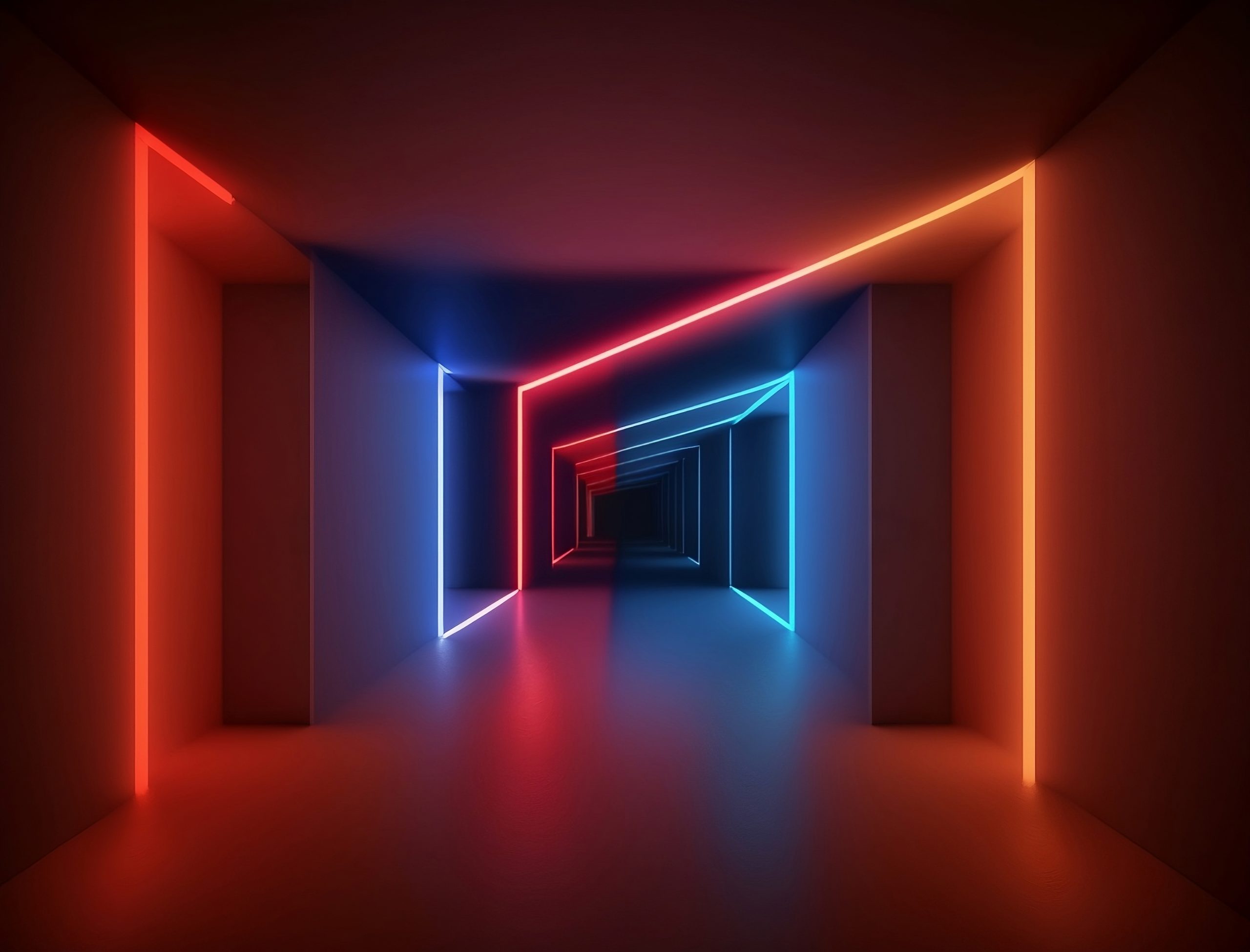 A futuristic corridor with glowing red and blue neon lines creating a dynamic, geometric pattern.