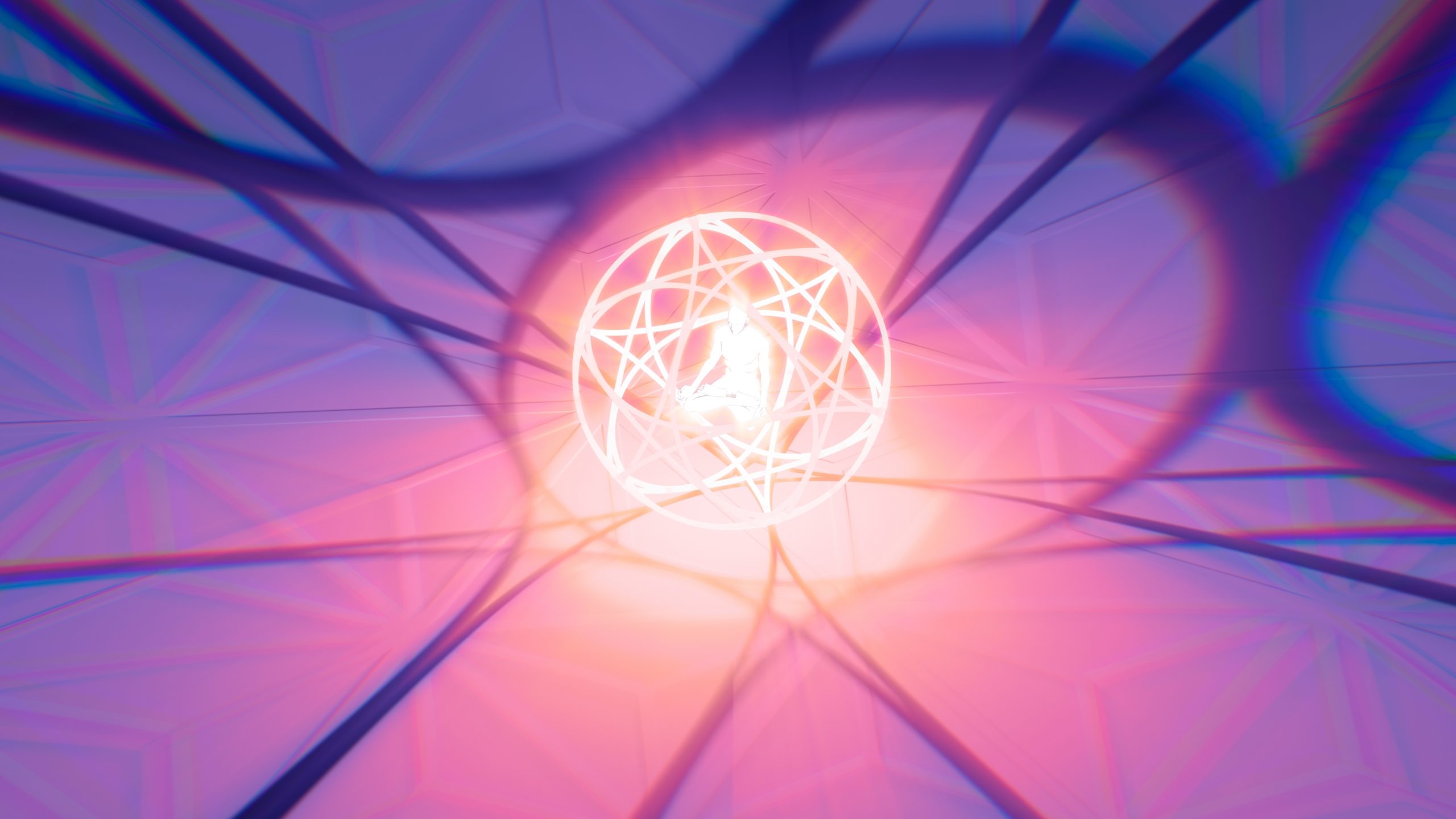 Geometric light fixture casts colorful shadows on a textured ceiling, creating a vibrant, abstract atmosphere.