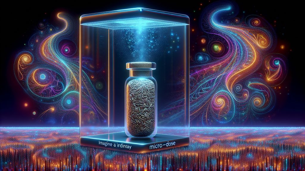 A glass vial filled with seeds, illuminated by swirling colorful patterns and glowing light in a surreal, abstract setting.