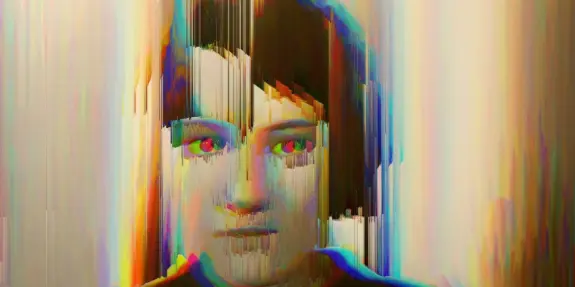 Glitch art portrait with distorted features and vibrant colors, creating an abstract, surreal effect.