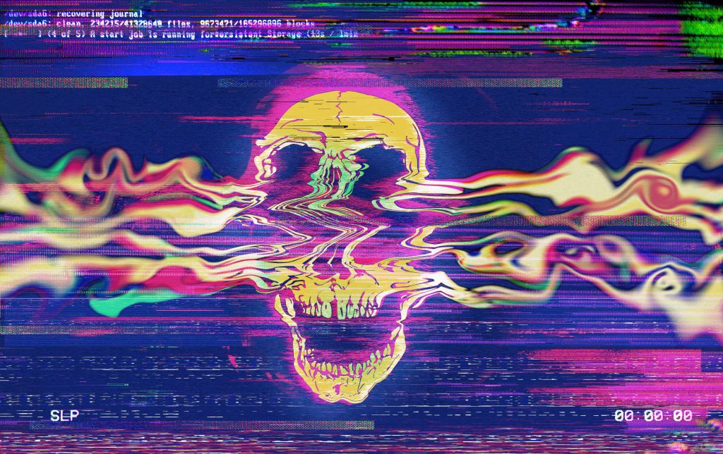 Glitchy digital artwork featuring a distorted skull surrounded by vibrant, swirling colors and static effects.
