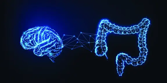 A glowing blue brain connected to a stylized glowing intestine, symbolizing the gut-brain connection.