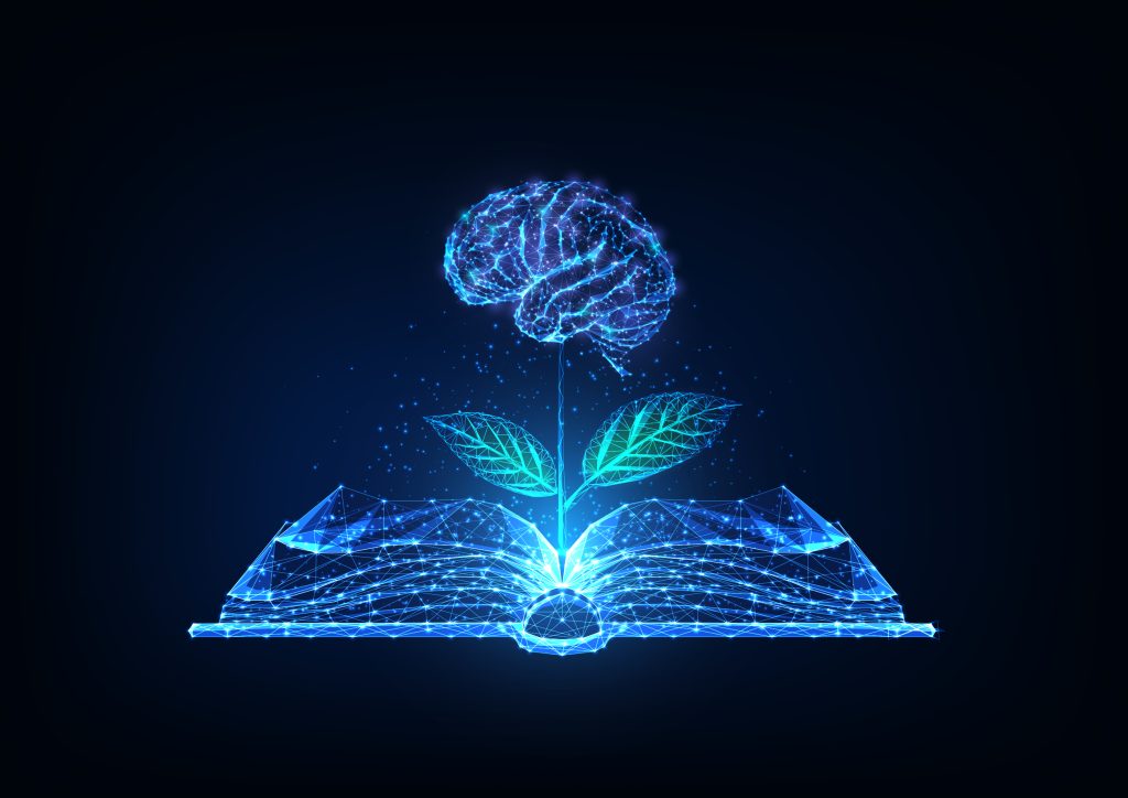 A glowing brain sprouting from an open book, symbolizing knowledge and growth in a digital style.