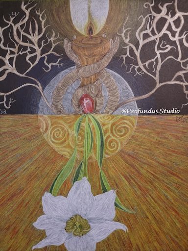 A glowing candle entwined with branches, surrounded by intricate patterns, with a white flower and vibrant golden background.