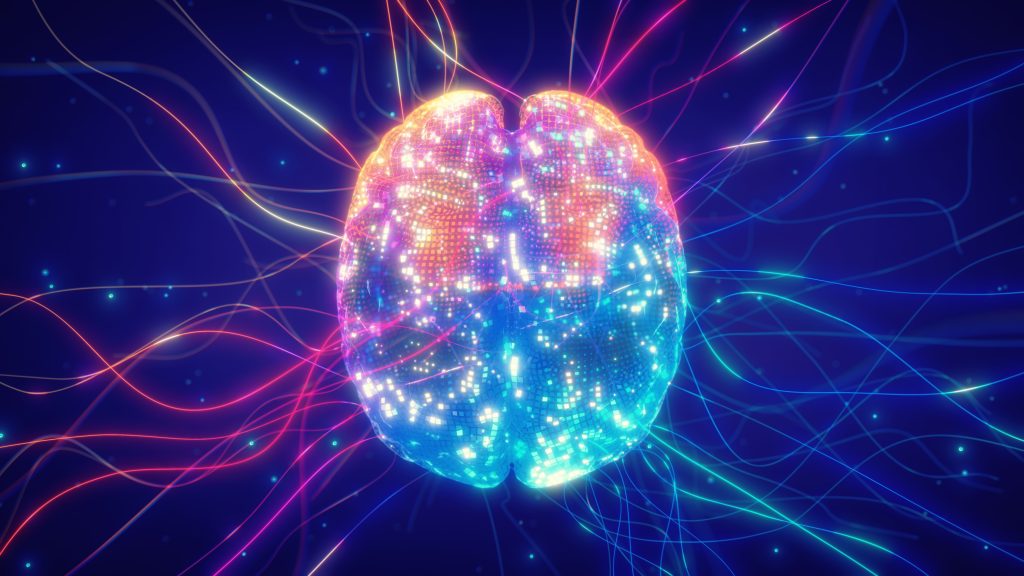 A glowing, digital brain surrounded by vibrant, colorful neural connections against a dark background.