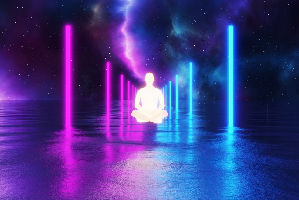 A glowing figure meditates on a reflective surface, surrounded by vibrant pink and blue vertical lights against a cosmic b...