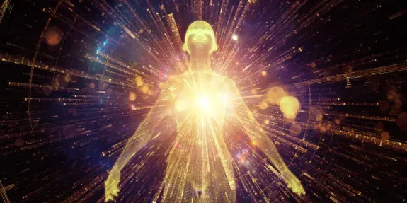 A glowing figure radiates light, surrounded by vibrant energy bursts and swirling particles in a cosmic backdrop.