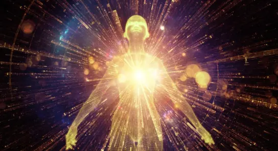 A glowing figure radiates light, surrounded by vibrant energy bursts and swirling particles in a cosmic backdrop.