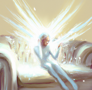 A glowing figure sits on a couch, radiating light and energy, creating an ethereal atmosphere around them.