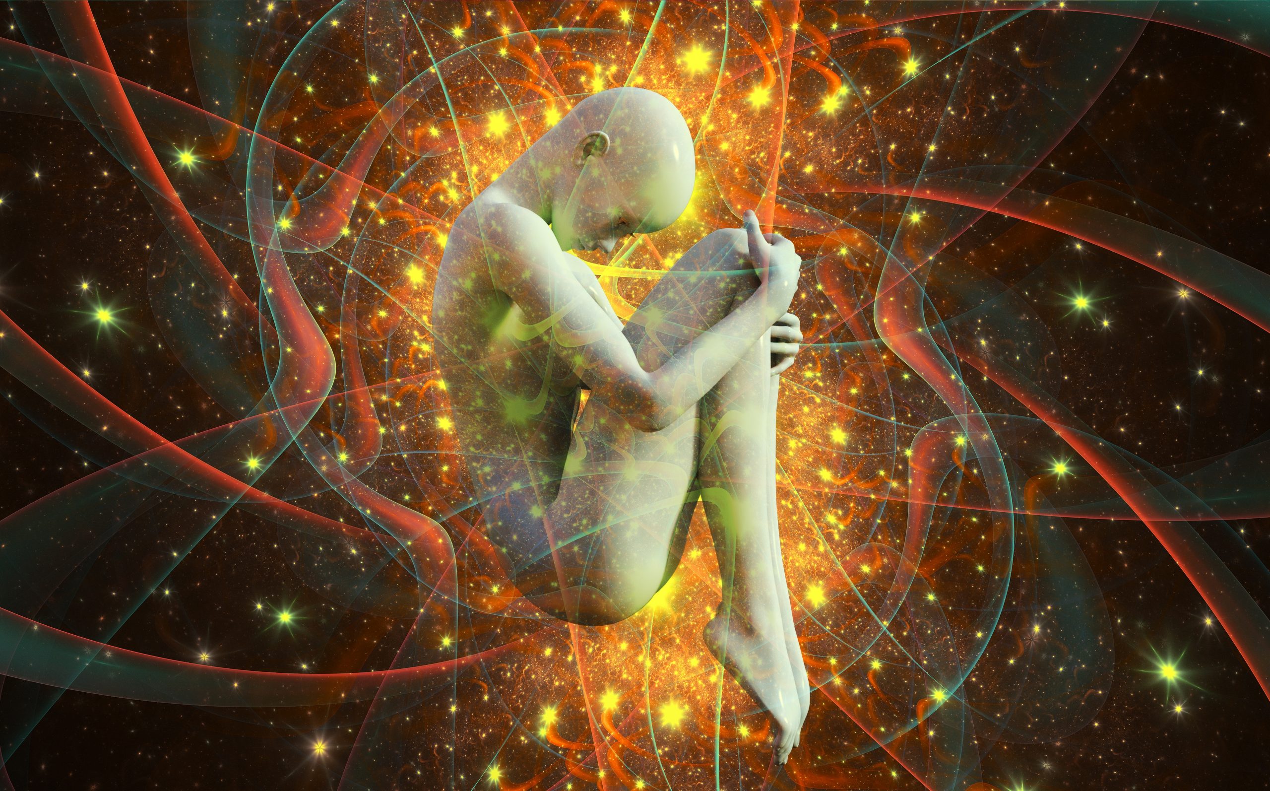 A glowing figure sits curled in a cosmic swirl of vibrant colors and swirling energy, embodying a sense of introspection.