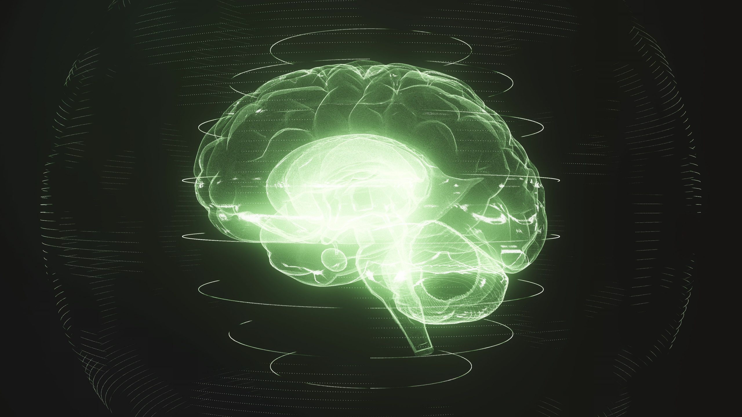 Glowing green 3D rendering of a brain, surrounded by swirling lines and a dark background.