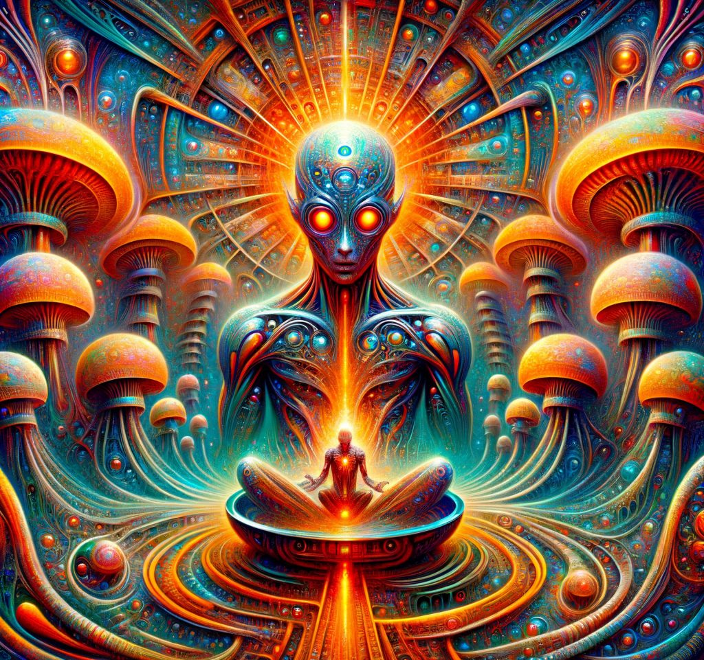 A glowing humanoid figure meditates amidst vibrant, swirling patterns and luminous mushrooms, radiating energy and light.