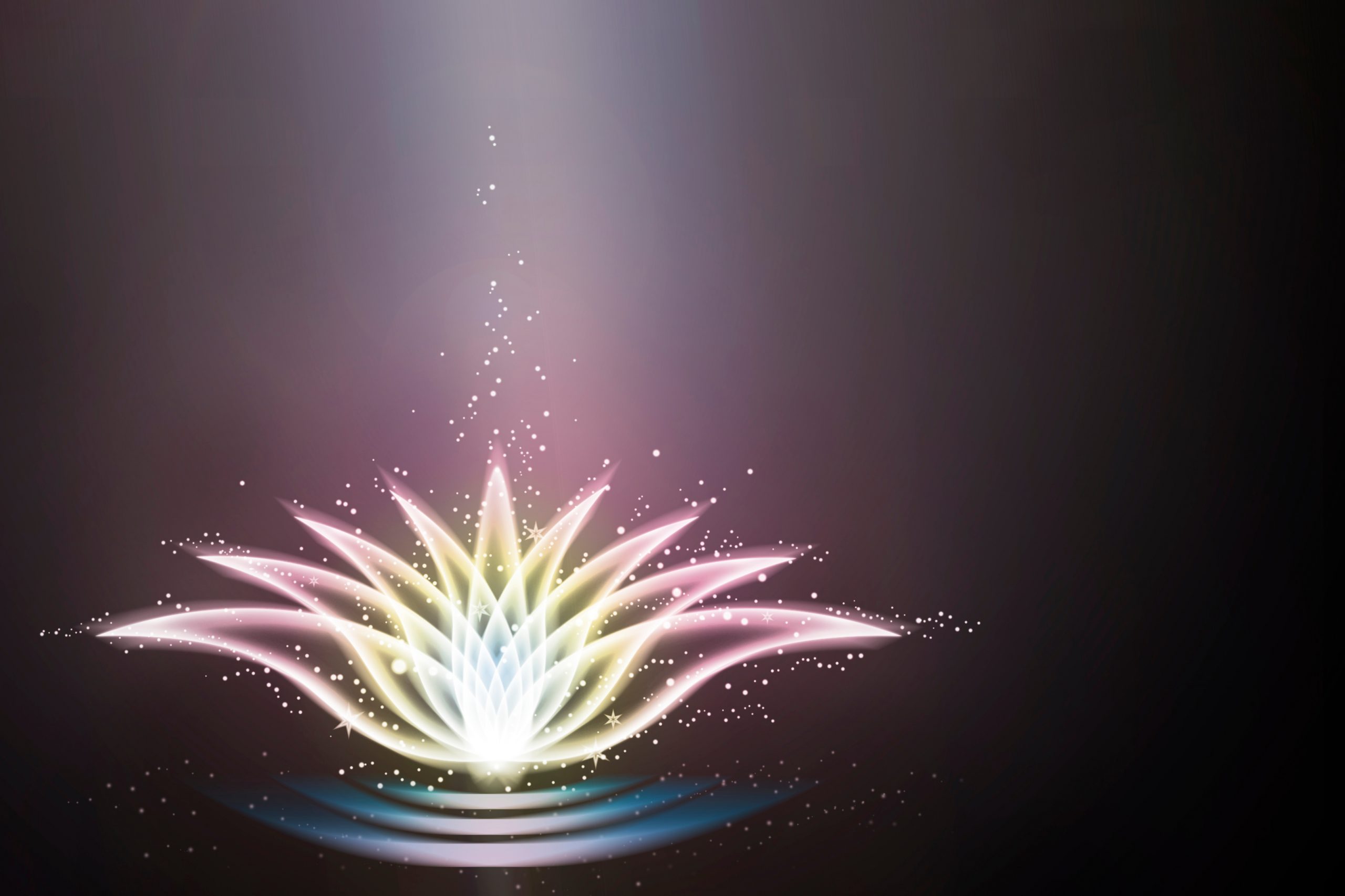 A glowing, multi-colored lotus flower radiates light against a dark background, surrounded by soft sparkles.