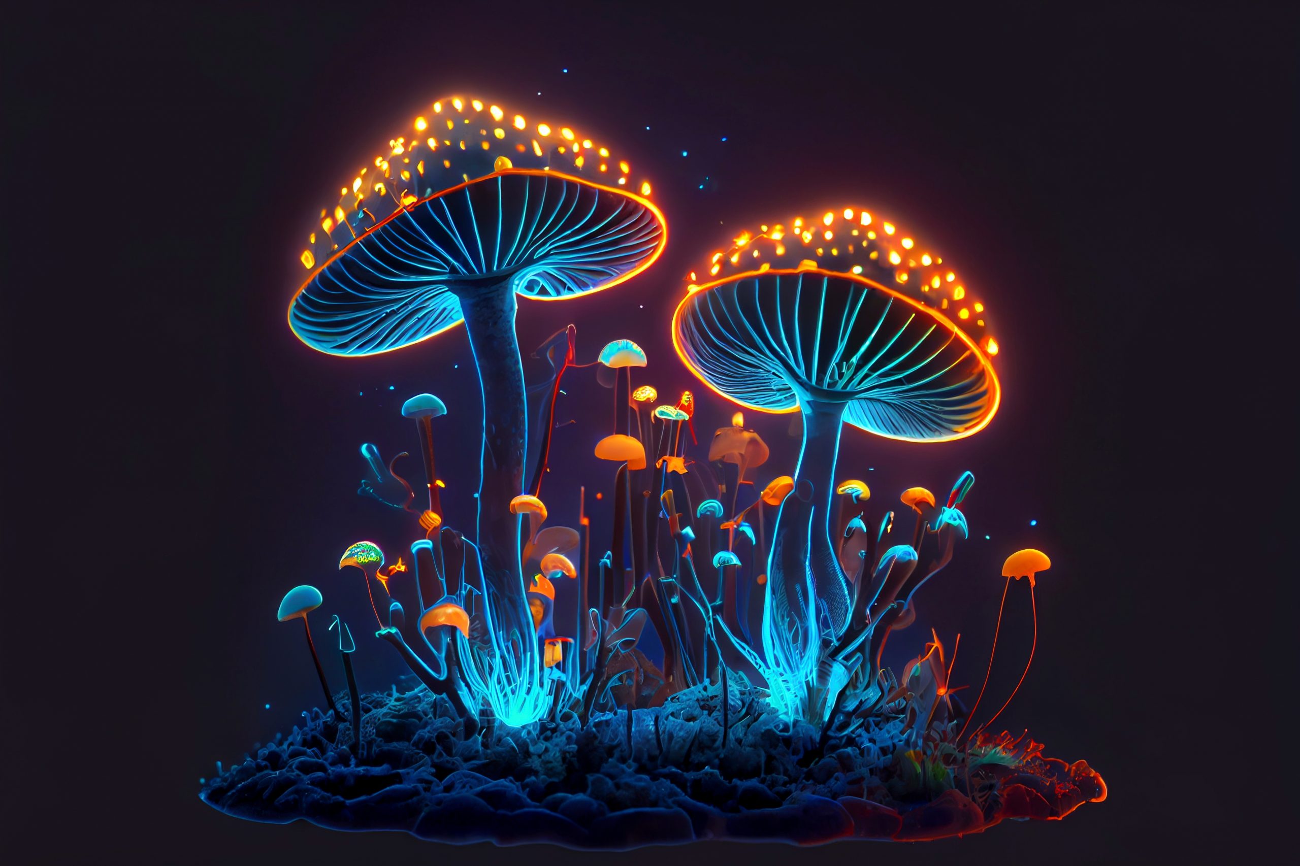 Glowing mushrooms with vibrant caps and luminous stems, surrounded by smaller fungi against a dark background.