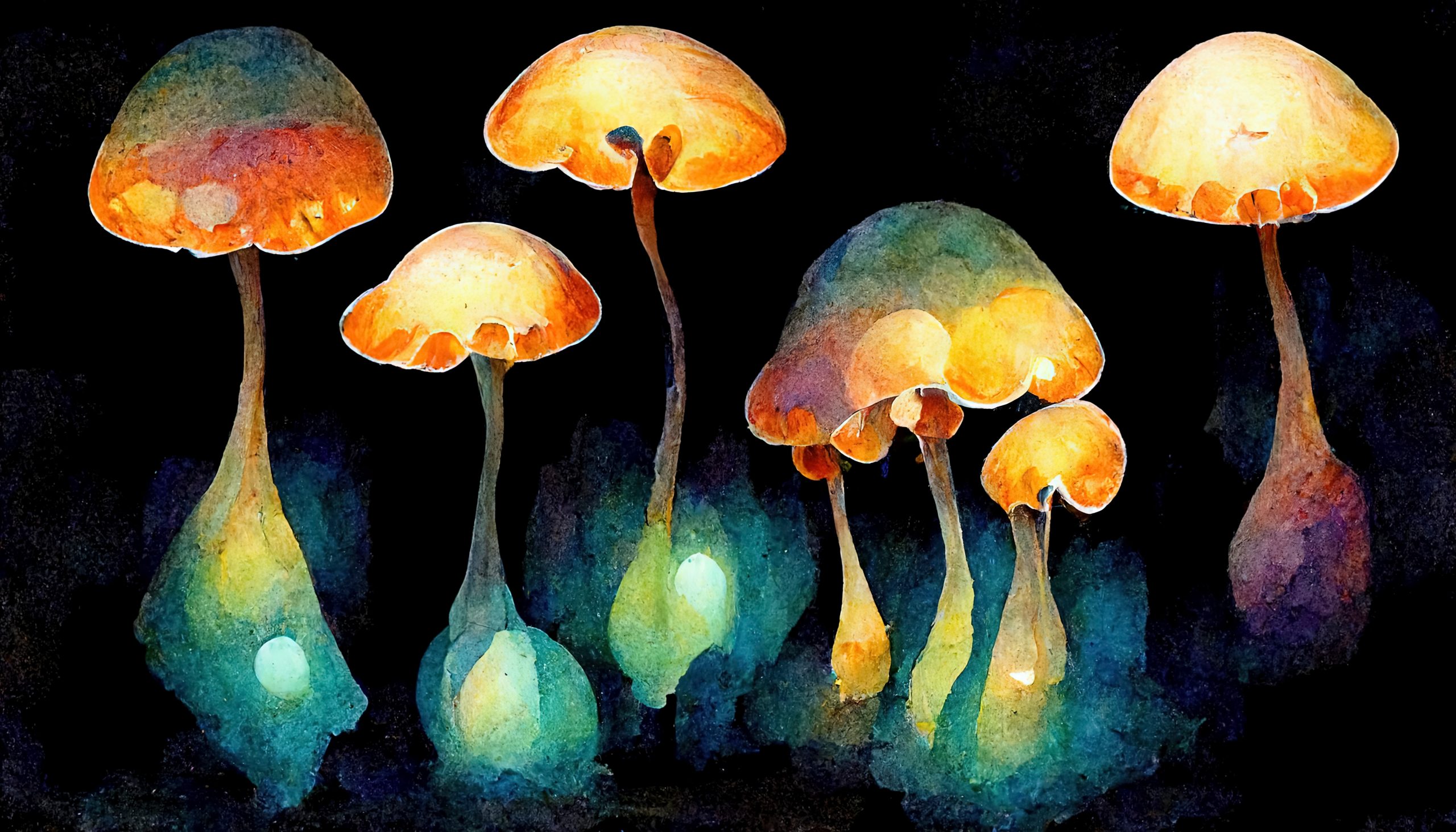 Glowing mushrooms in vibrant hues of orange and blue against a dark background, creating a mystical atmosphere.
