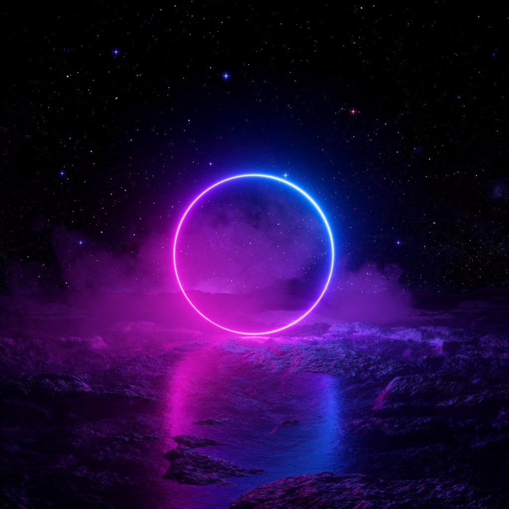 A glowing neon circle reflects in a tranquil, misty water surface under a starry night sky.