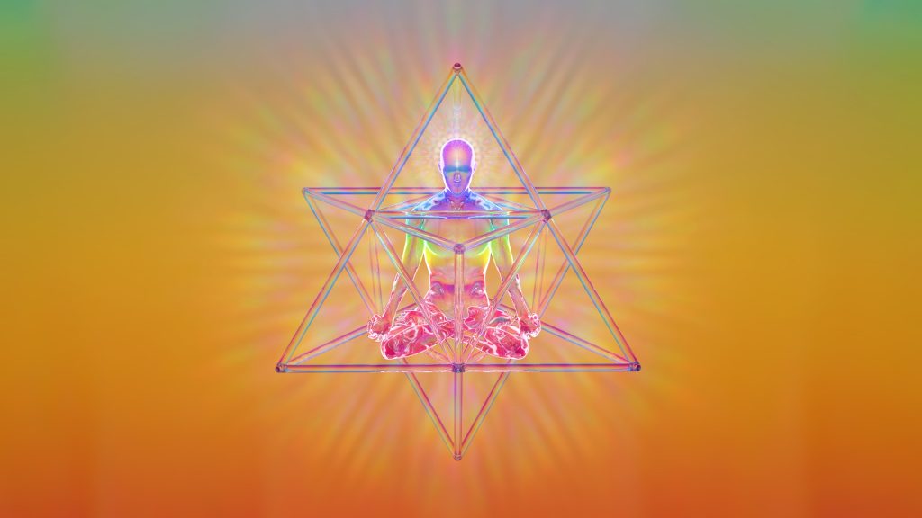 A glowing, translucent figure sits within a geometric star shape, radiating vibrant colors against a gradient background.