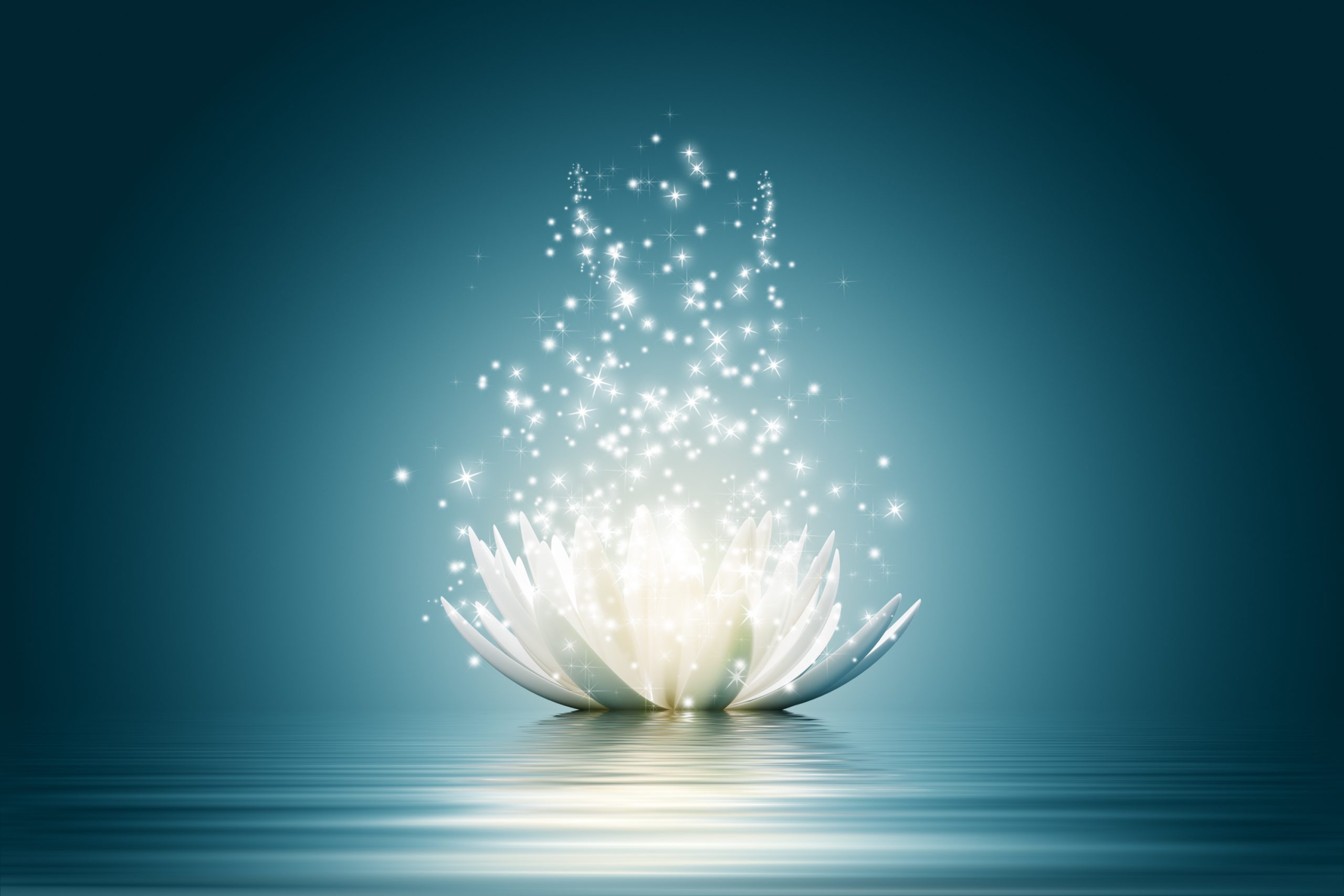 A glowing white lotus flower emits sparkling light against a tranquil blue background, reflecting on calm water.
