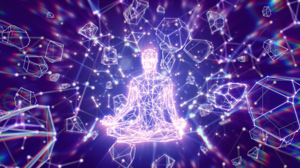 A glowing, wireframe figure meditates amidst a vibrant, cosmic background filled with floating geometric shapes.