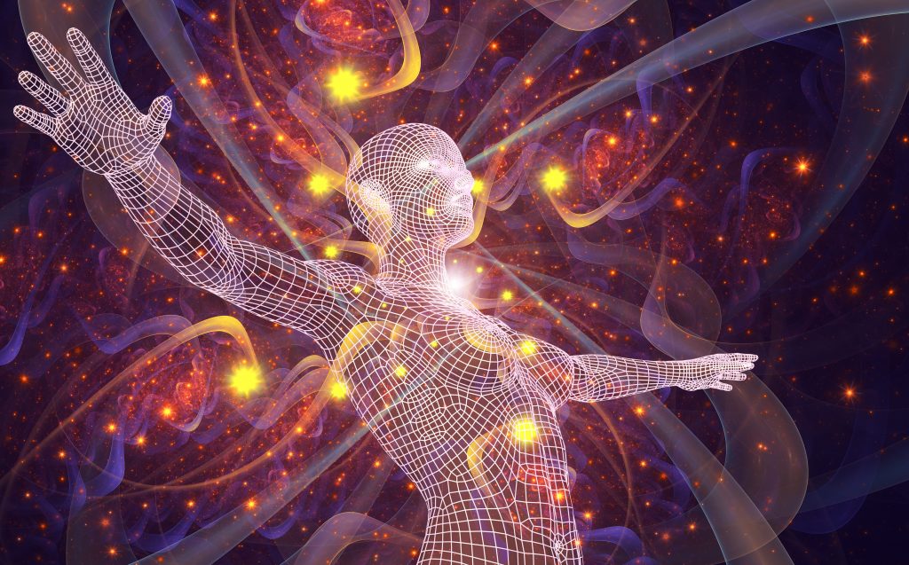 A glowing wireframe figure with outstretched arms, surrounded by swirling cosmic patterns and bright stars.