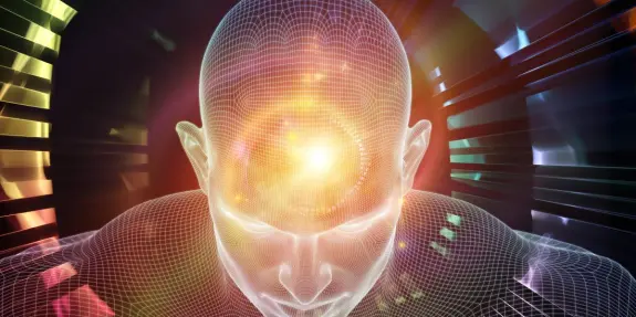 A glowing, wireframe human head with a radiant light at the forehead, set against a colorful, abstract background.