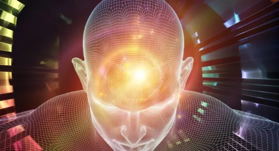A glowing, wireframe human head with a radiant light at the forehead, set against a colorful, abstract background.