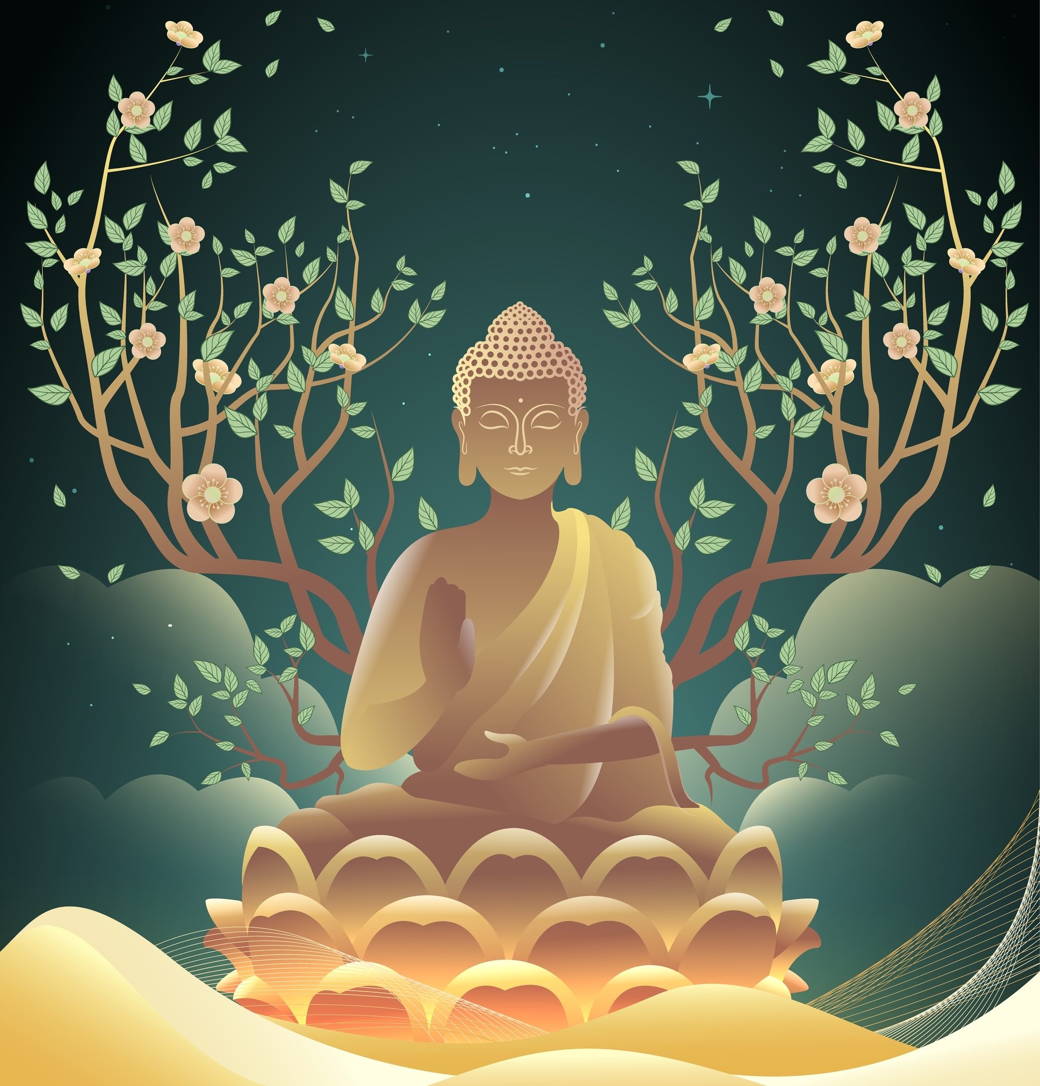 Golden Buddha statue surrounded by blossoming trees and a serene night sky, radiating tranquility and peace.