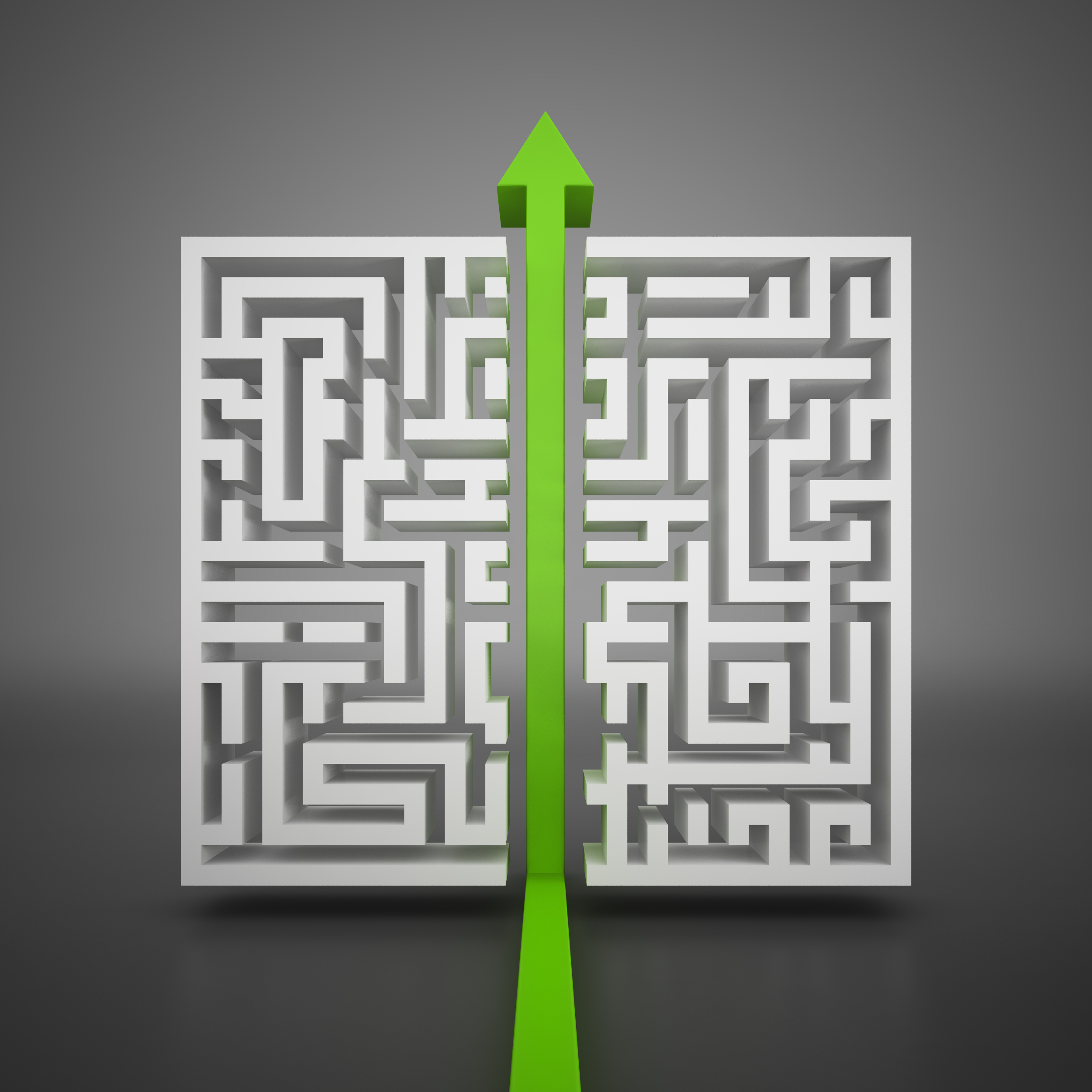 A green arrow points upward through a white maze, symbolizing direction and problem-solving.