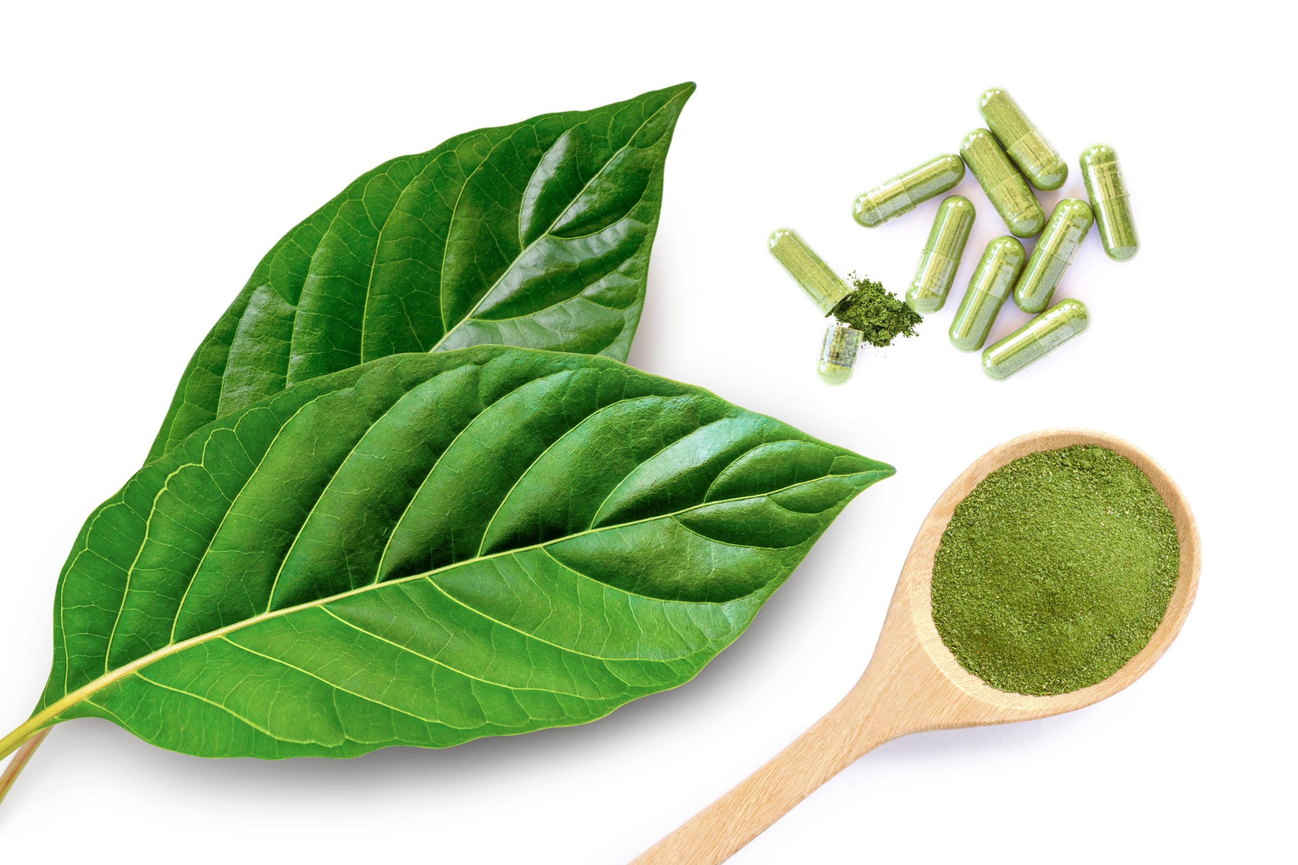 Green leaves alongside green capsules and a wooden spoon filled with powdered herb.