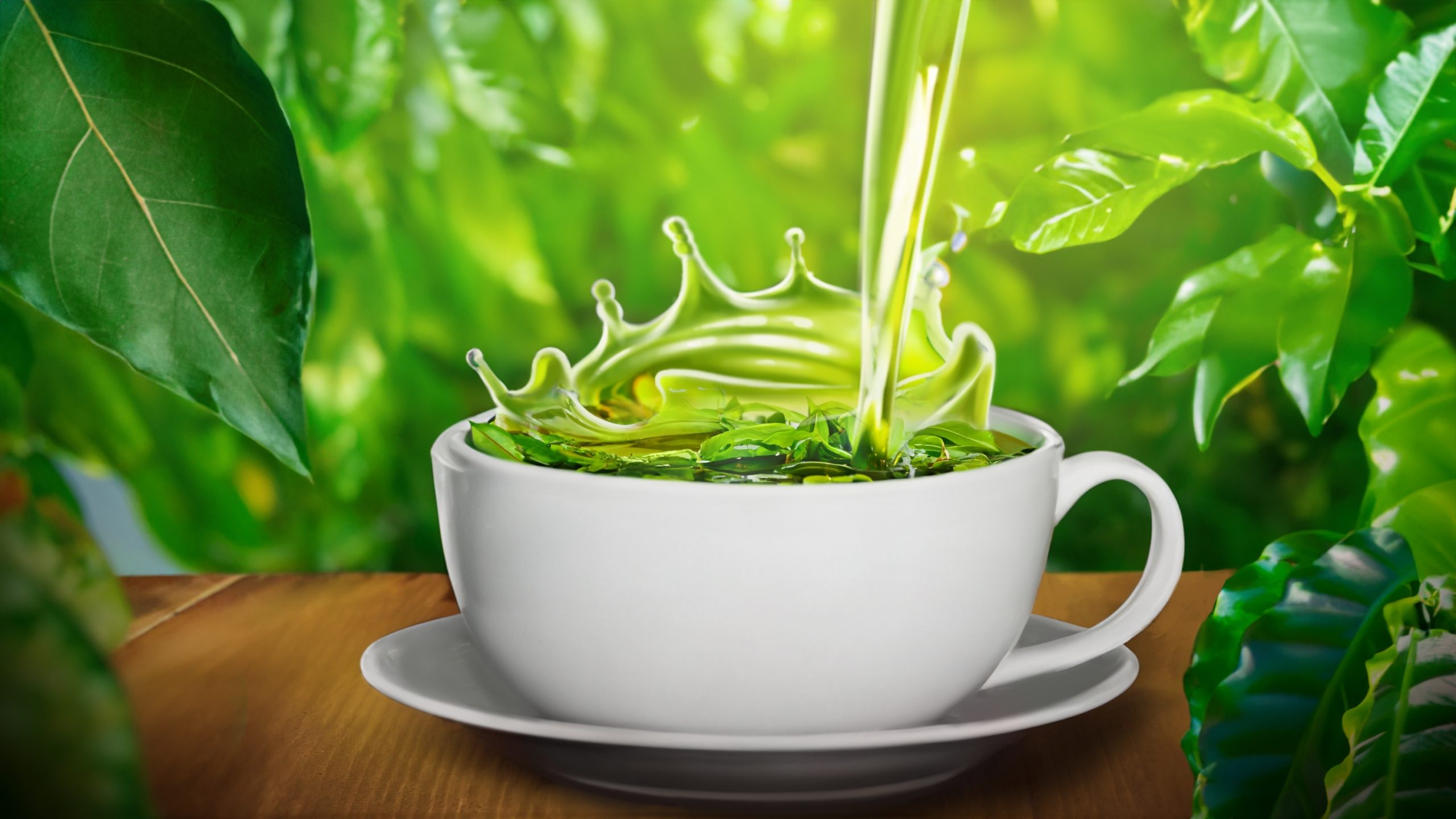 Green tea splashes in a white cup, surrounded by vibrant green leaves, evoking freshness and tranquility.