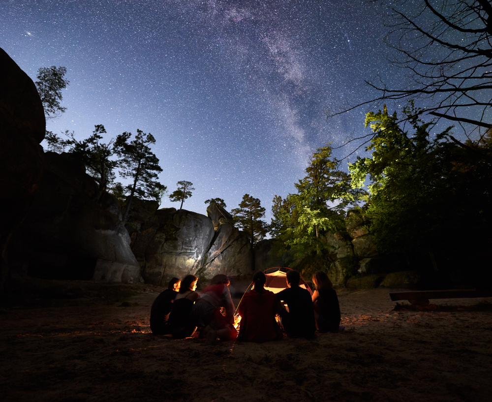 A group of people gathered around a campfire under a starry sky, surrounded by trees and rocky formations.