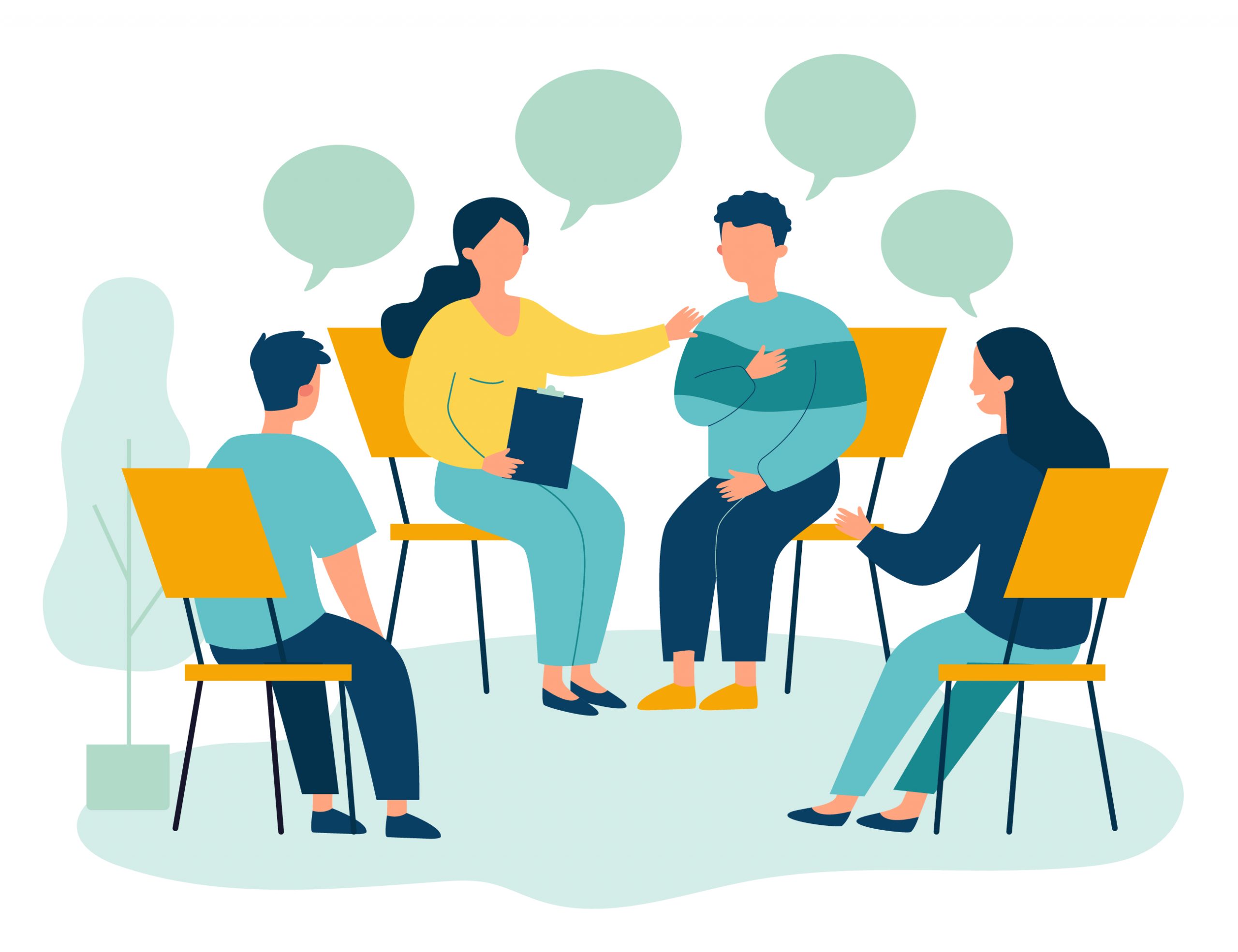A group therapy session with four people seated in chairs, discussing emotions, with speech bubbles above them.